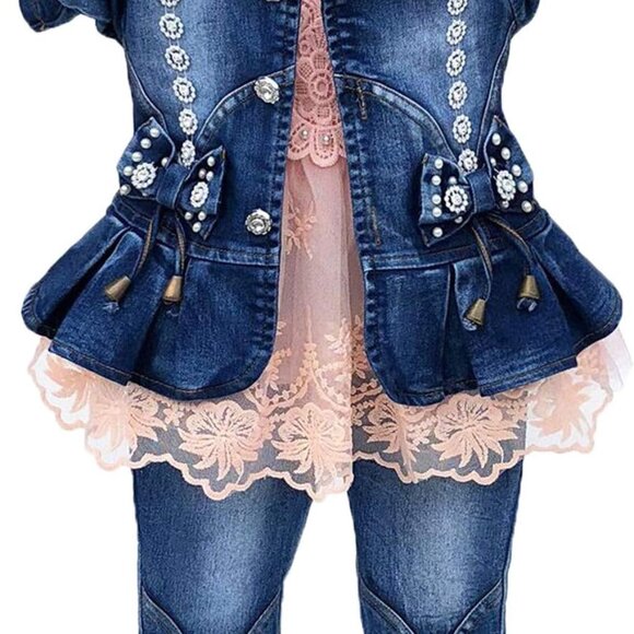 Chic 3-Piece Denim Clothing Set for Girls - Jacket, T-Shirt & Jeans, 6-12 Mo - Picture 1 of 9